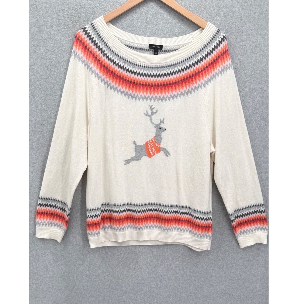 Talbots Reindeer Fair Isle Sweater Women XL Ivory Holiday Intarsia Knit Cotton